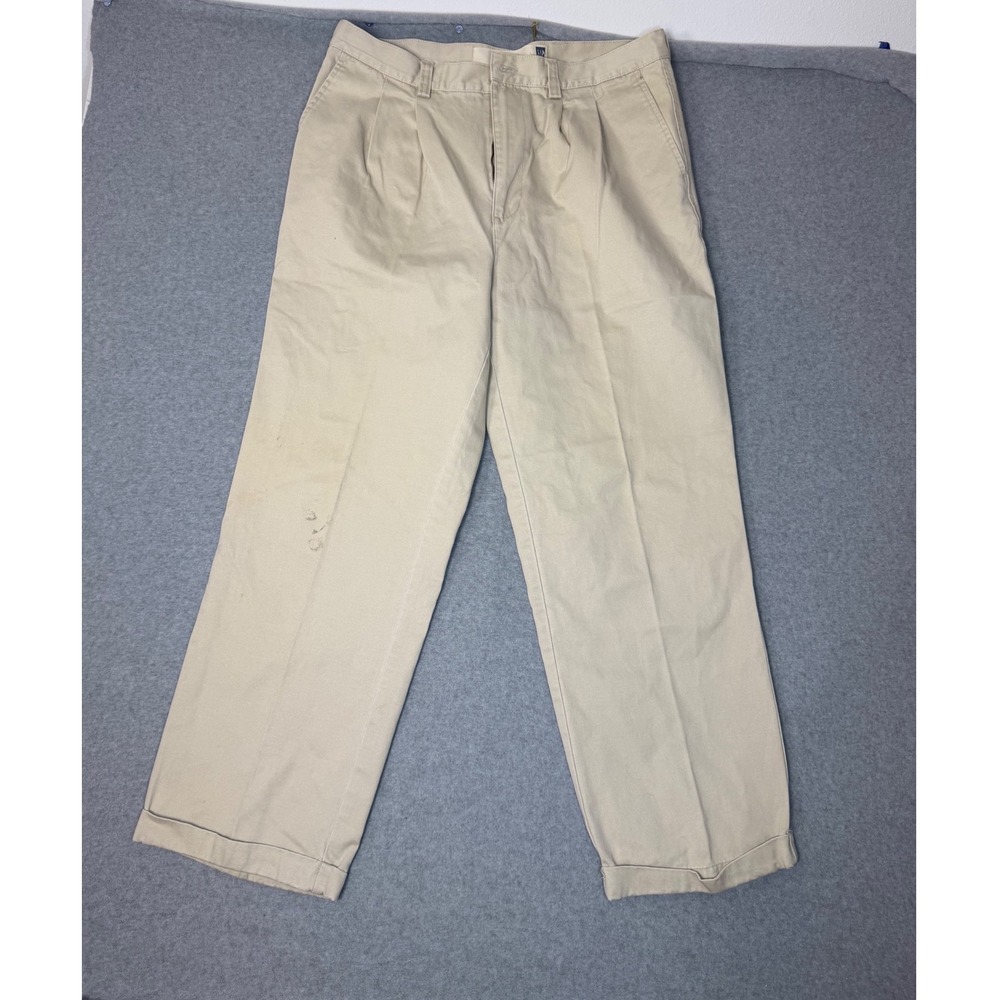 Gap Khakis Mens 36x30 Pleated Front Cuffed Hem Cotton Chino Pants Beige Tan